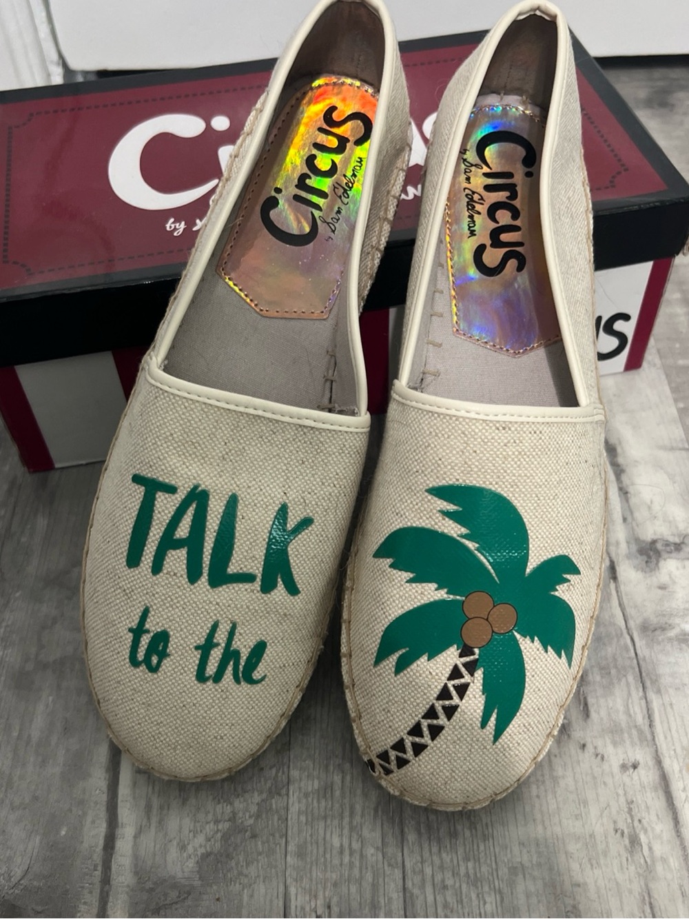 Circus by Sam Edelman Cream Canvas Slip-On Flats with Green Palm Print